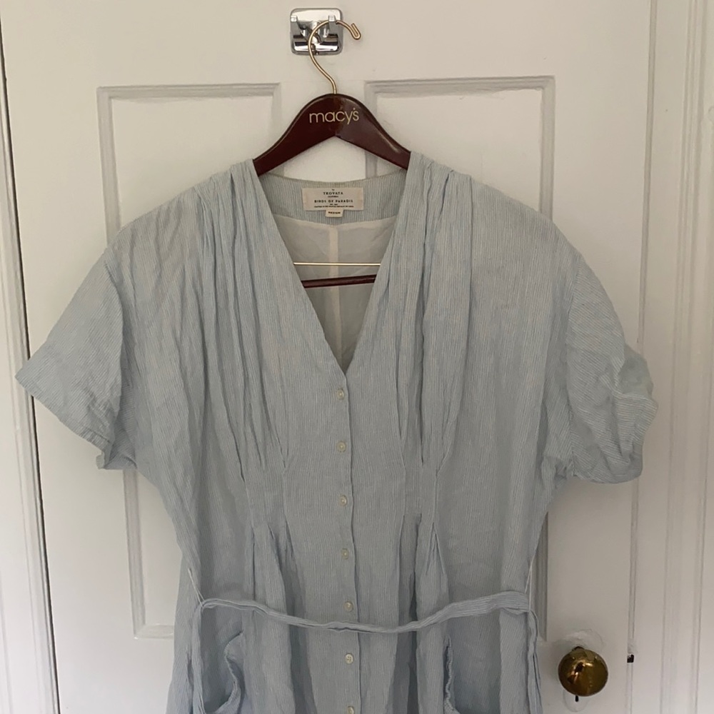 Lined midi button up blue striped dress w/ v-neck